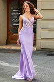 Lilac Mermaid V Neck Open Back Beaded Prom Dresses with Appliques