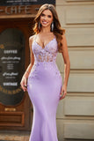 Lilac Mermaid V Neck Open Back Beaded Prom Dresses with Appliques