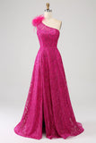 A-Line One Shoulder Feather Sequin Fuchsia Prom Dress With Slit