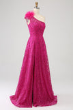 A-Line One Shoulder Feather Sequin Fuchsia Prom Dress With Slit