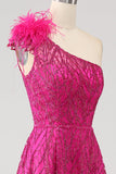 A-Line One Shoulder Feather Sequin Fuchsia Prom Dress With Slit