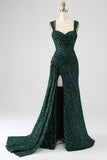 Sparkly Dark Green Sheath Sequin Pleated Long Prom Dress With Thigh Split