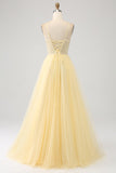 Light Yellow A-Line Spaghetti Straps Beaded Tulle Prom Dress with Slit