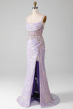 Lilac Mermaid Spaghetti Straps Sparkly Sequin Corset Prom Dress with Slit