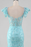 Sky Blue Mermaid Off the Shoulder Tiered Corset Prom Dress with Slit