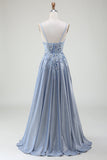 Glitter Grey Blue A-Line Spaghetti Straps Long Prom Dress With Sequins