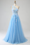 Stunning Light Blue A Line One Shoulder Long Tulle Prom Dress with Appliques