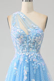 Stunning Light Blue A Line One Shoulder Long Tulle Prom Dress with Appliques