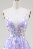 Sparkly A-Line Purple Spaghetti Straps Long Prom Dress with Sequins