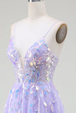 Sparkly A-Line Purple Spaghetti Straps Long Prom Dress with Sequins