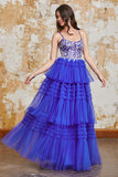 Gorgeous Royal Blue A Line Spaghetti Straps Tiered Prom Dress with Ruffles Appliques