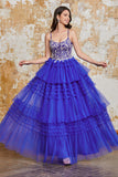 Gorgeous Royal Blue A Line Spaghetti Straps Tiered Prom Dress with Ruffles Appliques