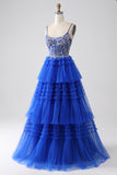 Royal Blue Spaghetti Straps Tiered Prom Dress with Sequins