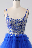 Royal Blue Spaghetti Straps Tiered Prom Dress with Sequins