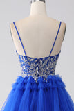 Royal Blue Spaghetti Straps Tiered Prom Dress with Sequins