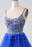 Royal Blue Spaghetti Straps Tiered Prom Dress with Sequins