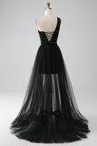 Sparkly Black A-Line One Shoulder Sequins Long Prom Dress