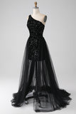 Sparkly Black A-Line One Shoulder Sequins Long Prom Dress