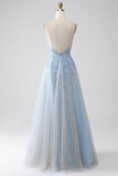 Grey Blue A-Line Spaghetti Straps Long Prom Dress with Beading