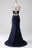 Mermaid Beaded Navy Prom Dress with Ruffles