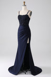 Mermaid Beaded Navy Prom Dress with Ruffles