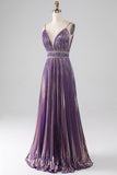 Glitter Purple A-Line Spaghetti Straps V Neck Pleated Backless Prom Dress