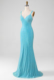 Turquoise Mermaid Spaghetti Straps Long Sparkly Prom Dress With Beading