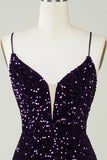 Sparkly Purple Sheath Backless Sequins Tight Short Homecoming Dress with Slit