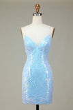 Sparkly Blue Sheath Spaghetti Straps Backless Sequins Short Homecoming Dress