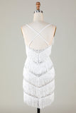 White Bodycon Spaghetti Straps Cross Back Tassel Homecoming Dress with Sequins