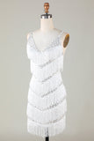 White Bodycon Spaghetti Straps Cross Back Tassel Homecoming Dress with Sequins