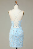 Sparkly Blue Sheath Sequins Beaded Flowers Tight Short Homecoming Dress