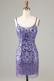 Sparkly Purple Sheath Sequins Short Homecoming Dress with Fringes