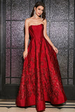 Dark Red A-Line Strapless Elegant Princess Long Prom Dress with 3D Flowers