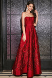 Dark Red A-Line Strapless Elegant Princess Long Prom Dress with 3D Flowers