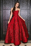 Dark Red A-Line Strapless Elegant Princess Long Prom Dress with 3D Flowers