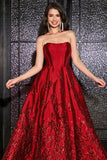 Dark Red A-Line Strapless Elegant Princess Long Prom Dress with 3D Flowers