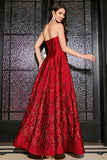 Dark Red A-Line Strapless Elegant Princess Long Prom Dress with 3D Flowers