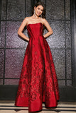 Dark Red A-Line Strapless Elegant Princess Long Prom Dress with 3D Flowers