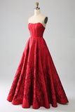 Elegant Princess A-Line Strapless Dark Red Long Prom Dress with 3D Flowers