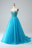 Blue Ball-Gown Sweetheart Beaded Corset Prom Dress with Detachable Sleeves