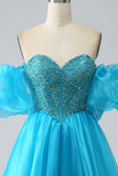 Blue Ball-Gown Sweetheart Beaded Corset Prom Dress with Detachable Sleeves