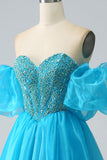 Blue Ball-Gown Sweetheart Beaded Corset Prom Dress with Detachable Sleeves