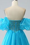 Blue Ball-Gown Sweetheart Beaded Corset Prom Dress with Detachable Sleeves