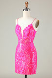 Trend Hot Pink Lace Up Tight Glitter Short Homecoming Dress