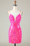 Trend Hot Pink Lace Up Tight Glitter Short Homecoming Dress