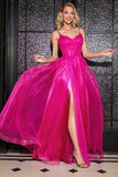 Fuchsia A-Line Spaghetti Straps Long Corset Prom Dress with Slit