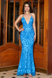 Blue Mermaid Spaghetti Straps Sequins Long Prom Dress