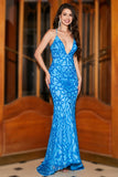 Blue Mermaid Spaghetti Straps Sequins Long Prom Dress