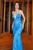 Blue Mermaid Spaghetti Straps Sequins Long Prom Dress